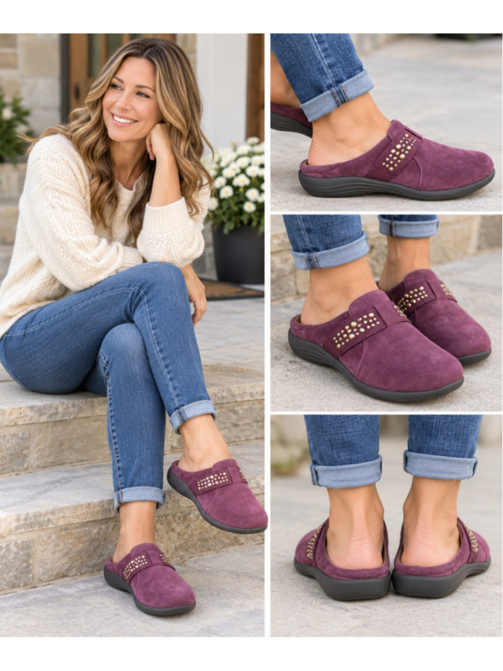 Revitalign Siesta Aries Studded Suede Mules Port Royale Orthotic Comfort 8D NWT